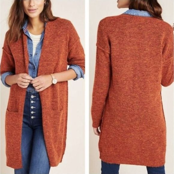 Anthropologie Sweaters - Anthropologie Jolie Long Open Front Cardigan Sweater Wool Blend Orange Medium